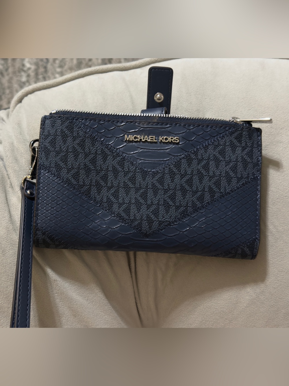 Michael Kors Navy Large Wristlet Wallet MK Logo Snakeskin Embossed
